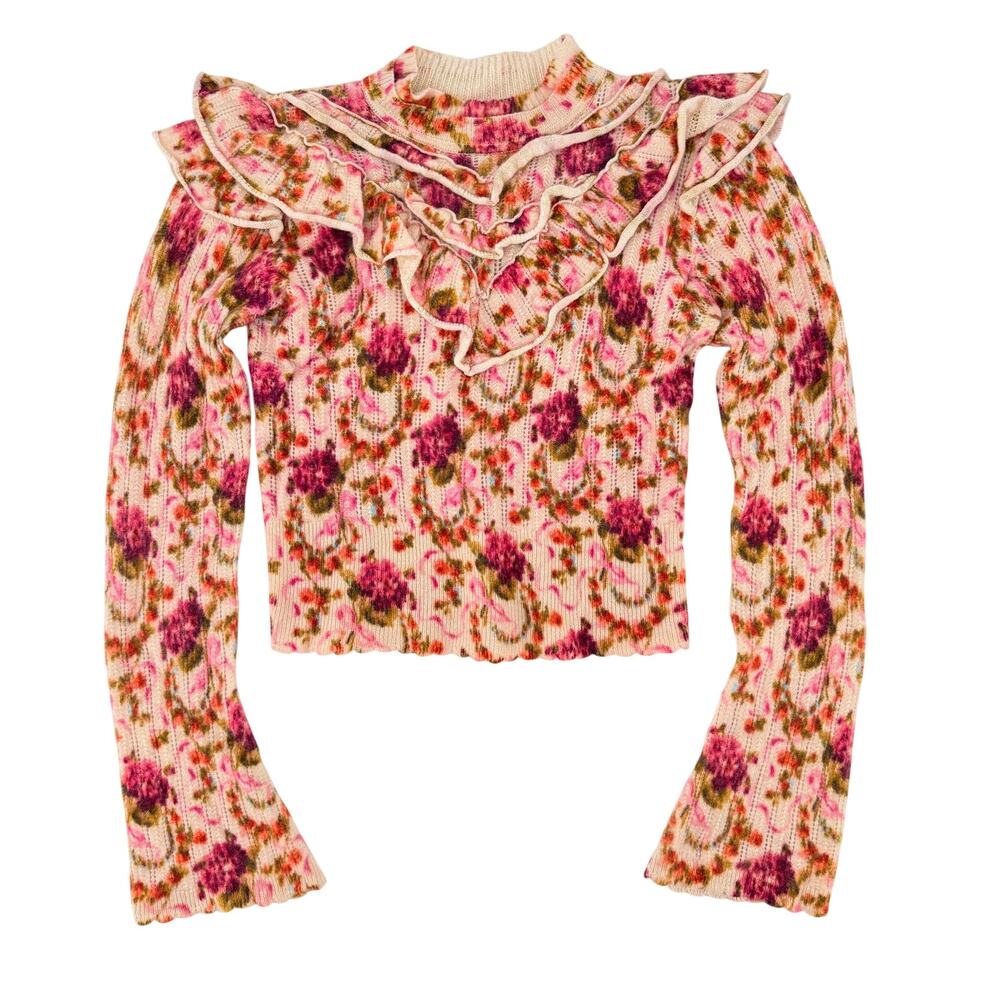 By Anthropologie Victoria Cashmere Floral Ruffle Sweater Size Small Bell Sleeve